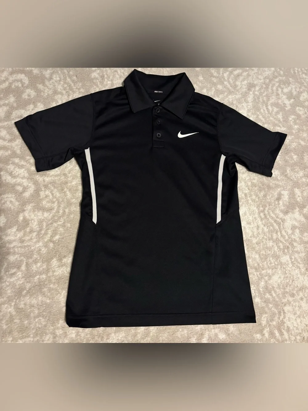 Nike Kids Dri-Fit Athletic Black Polo w/ White Swoosh & Side Stripes - Small